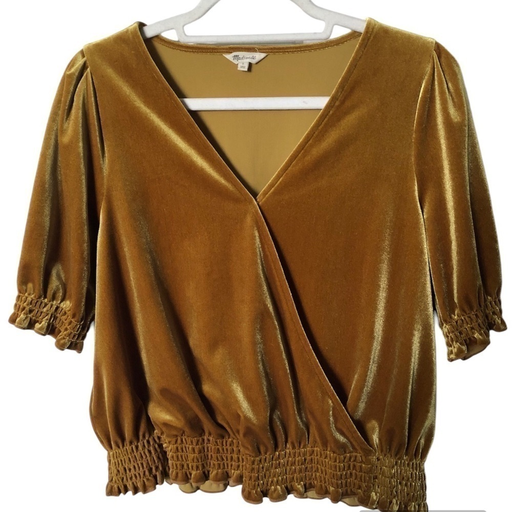 Madewell gold velvet smocked crossover top size small